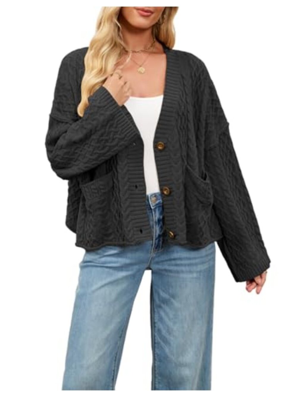Oversized Cable Knit Button Up Cardigan with Pockets Long Sleeve